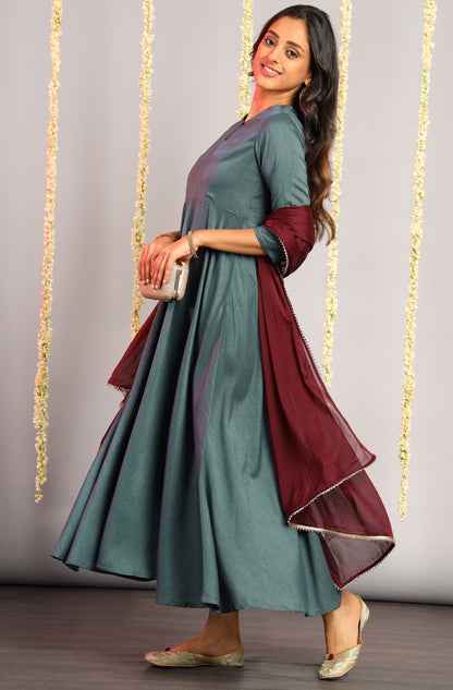 Grey Poly Silk Solid Kurta with Dupatta