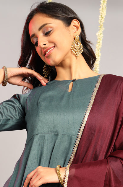 Grey Poly Silk Solid Kurta with Dupatta