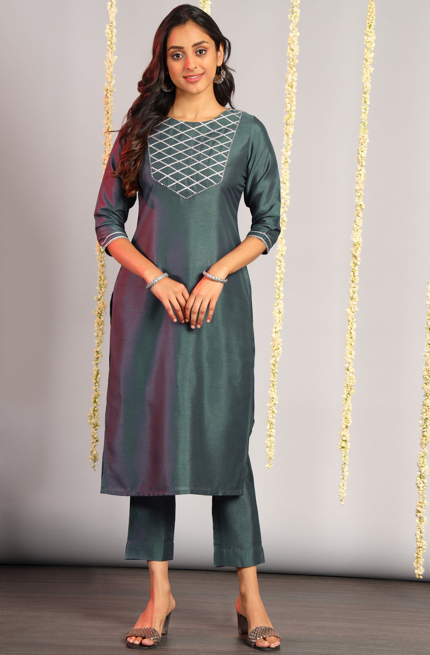 Grey Poly Silk Solid Kurta with Pant