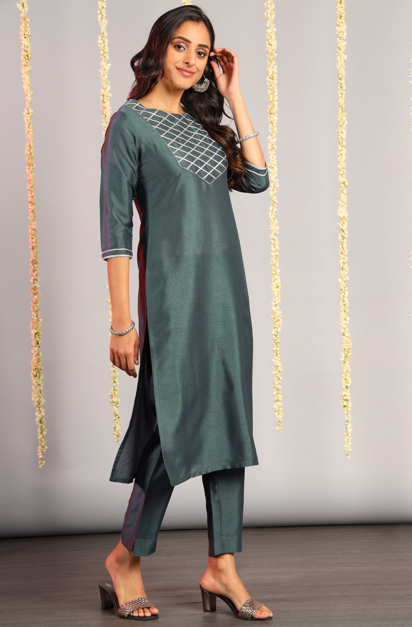 Grey Poly Silk Solid Kurta with Pant