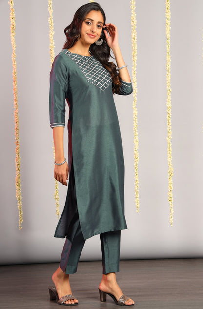 Grey Poly Silk Solid Kurta with Pant