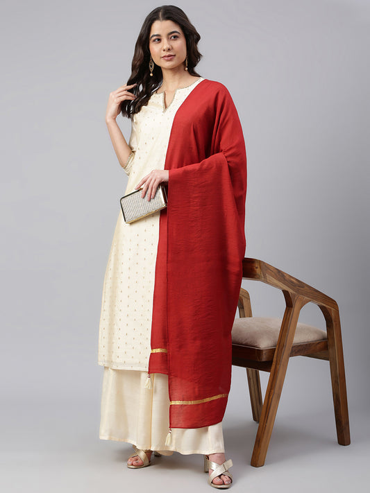 Beige Chanderi Silk Woven Kurta with Palazzo and Dupatta