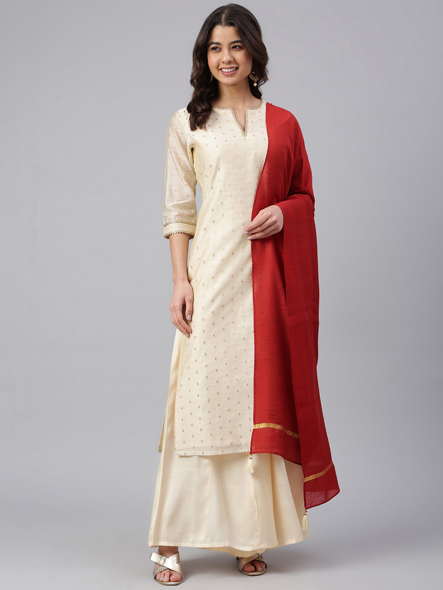 Beige Chanderi Silk Woven Kurta with Palazzo and Dupatta