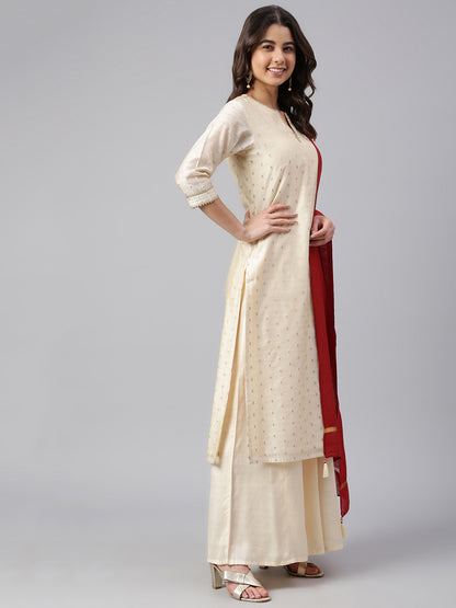 Beige Chanderi Silk Woven Kurta with Palazzo and Dupatta