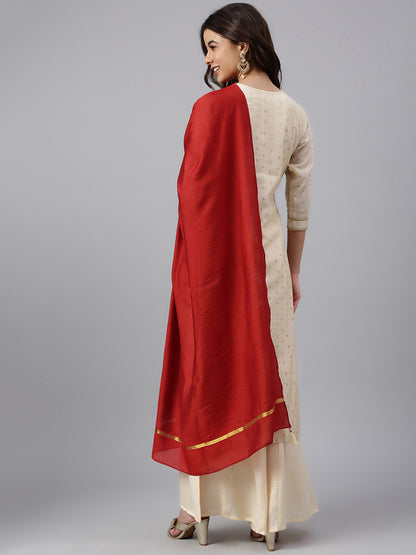 Beige Chanderi Silk Woven Kurta with Palazzo and Dupatta