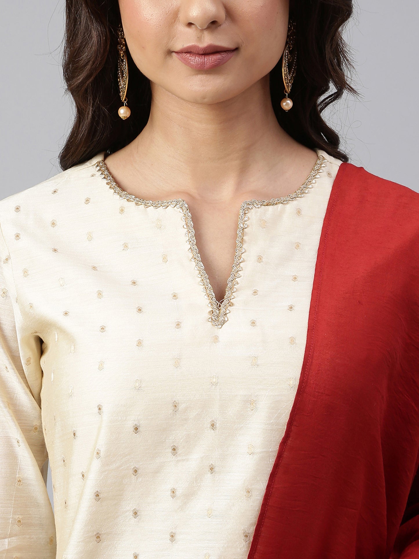 Beige Chanderi Silk Woven Kurta with Palazzo and Dupatta