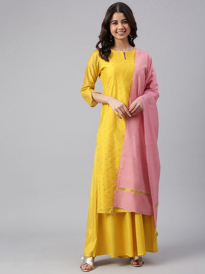 Yellow Chanderi Silk Woven Kurta with Palazzo and Dupatta