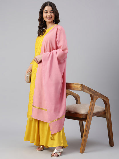 Yellow Chanderi Silk Woven Kurta with Palazzo and Dupatta