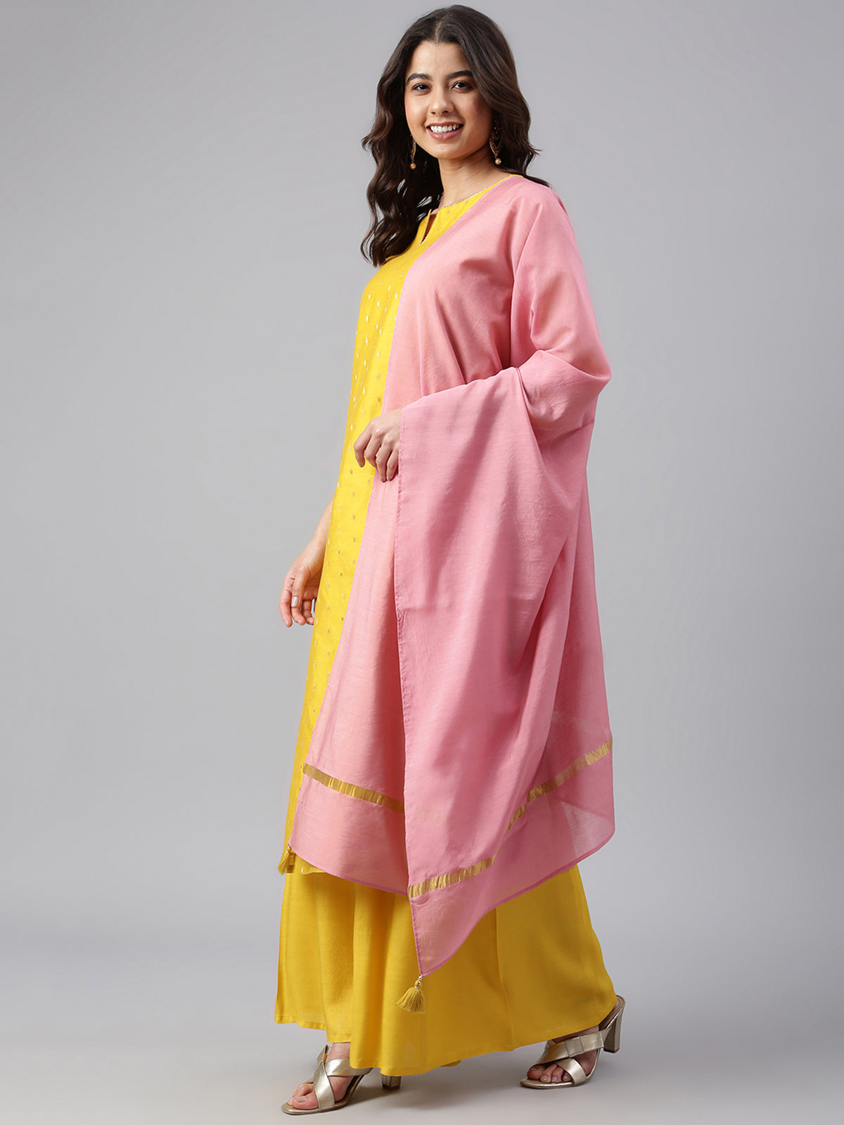 Yellow Chanderi Silk Woven Kurta with Palazzo and Dupatta