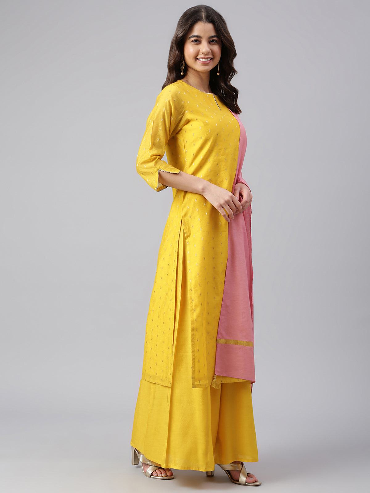 Yellow Chanderi Silk Woven Kurta with Palazzo and Dupatta