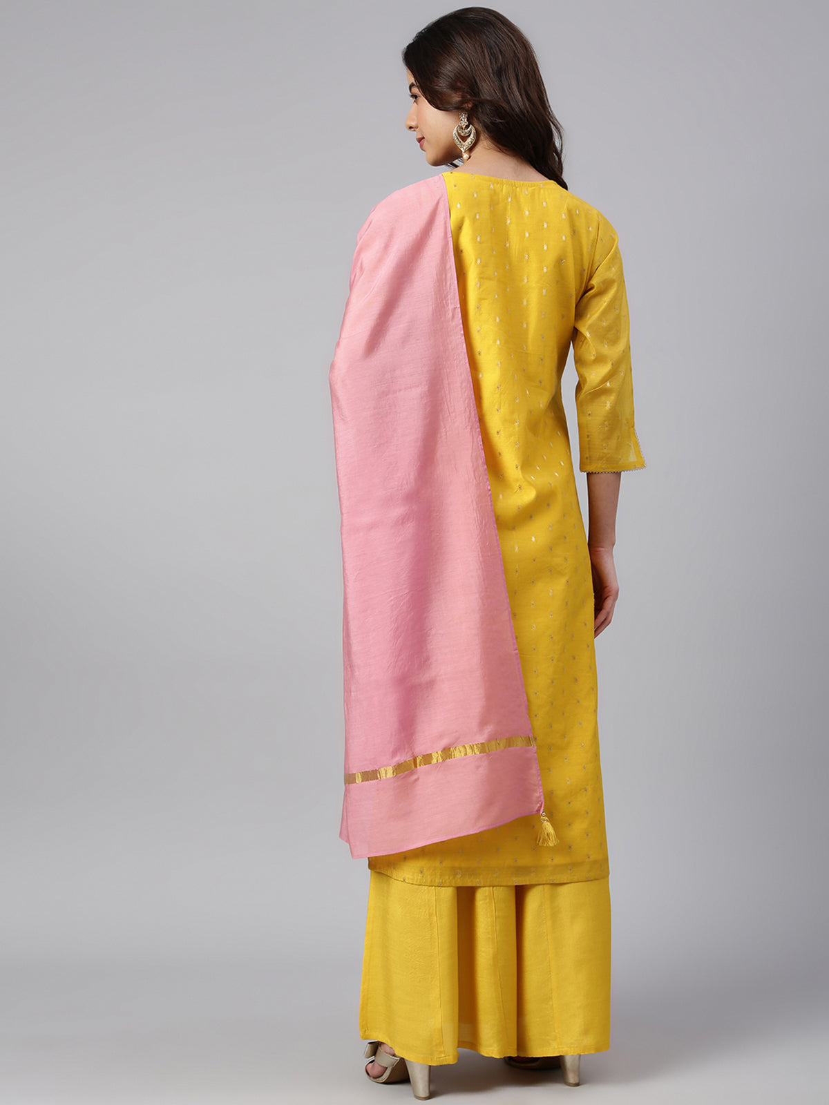 Yellow Chanderi Silk Woven Kurta with Palazzo and Dupatta