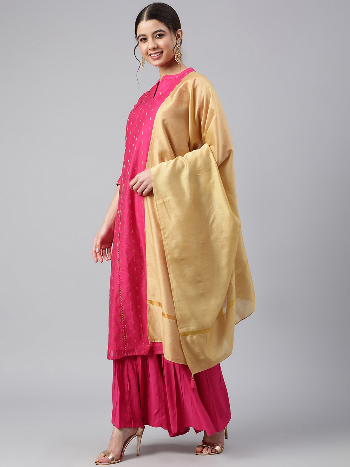 Pink Chanderi Silk Woven Kurta with Sharara and Dupatta