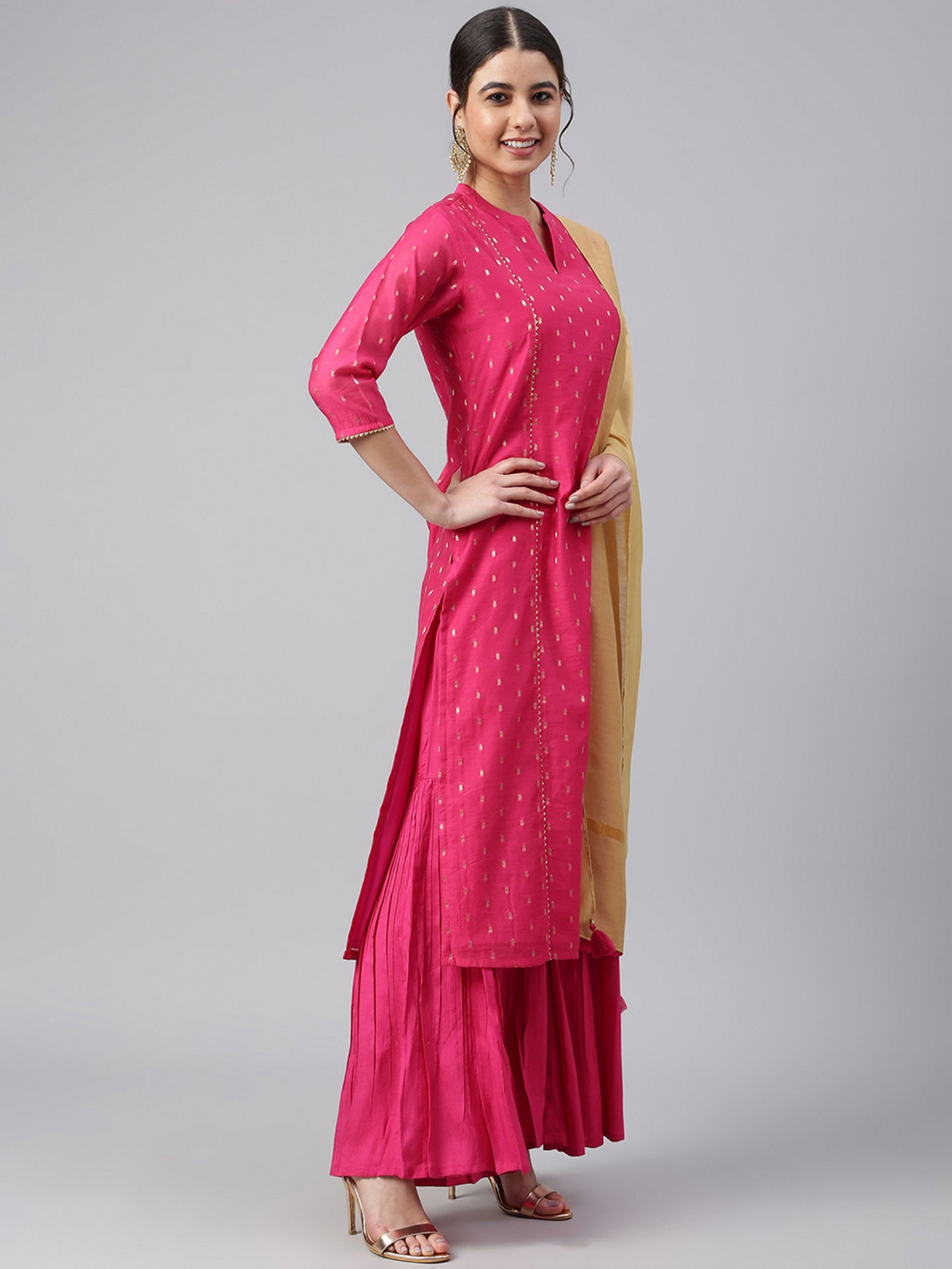 Pink Chanderi Silk Woven Kurta with Sharara and Dupatta