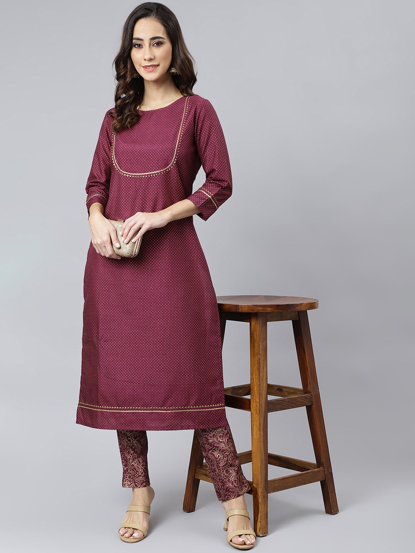 Wine Poly Silk Solid Kurta with Pant