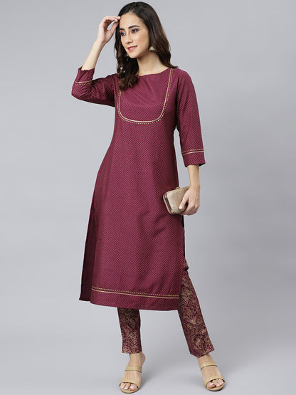 Wine Poly Silk Solid Kurta with Pant