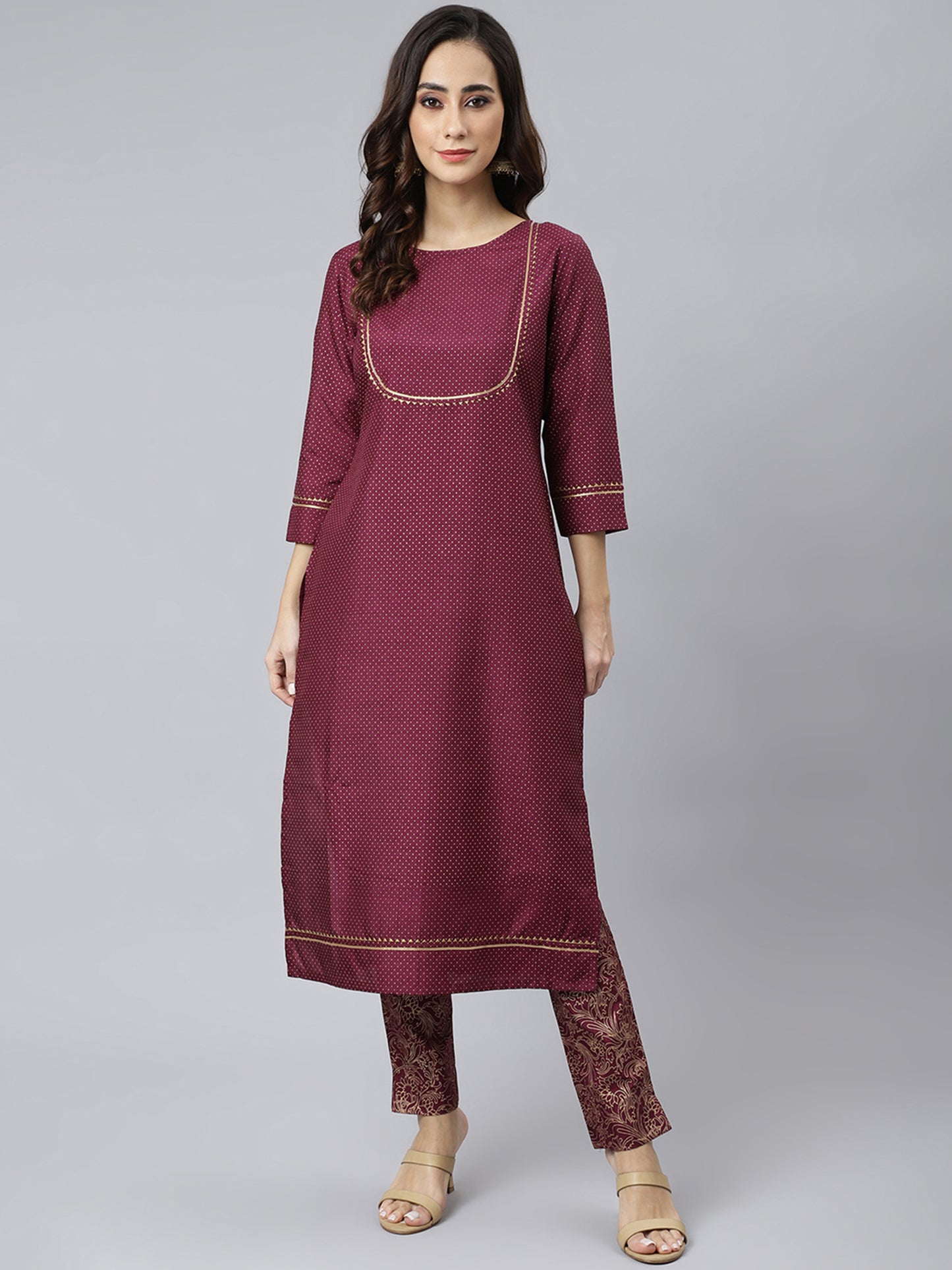 Wine Poly Silk Solid Kurta with Pant