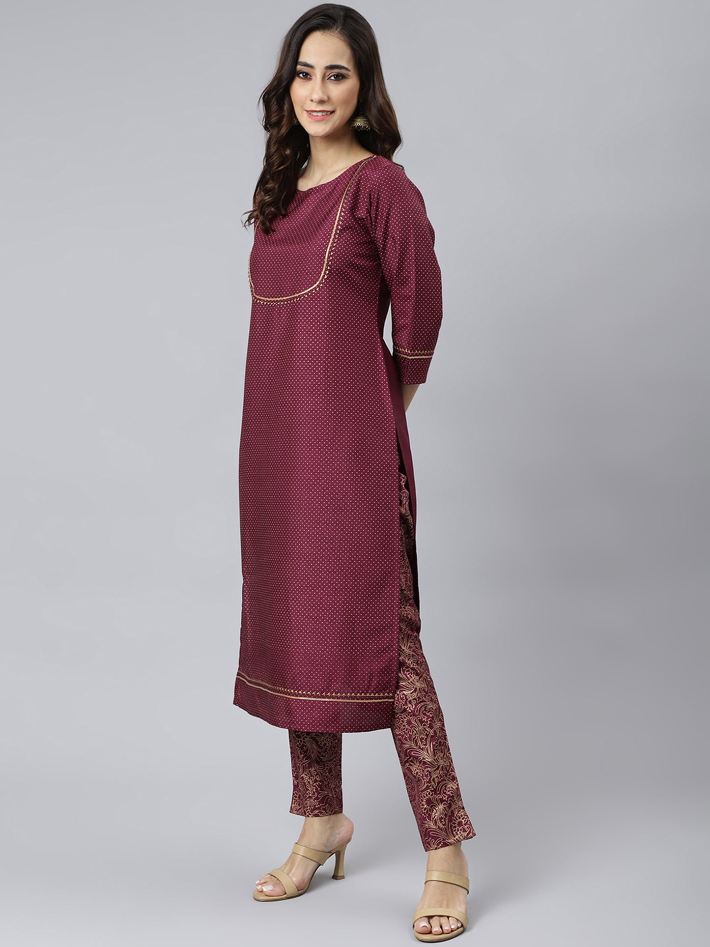 Wine Poly Silk Solid Kurta with Pant