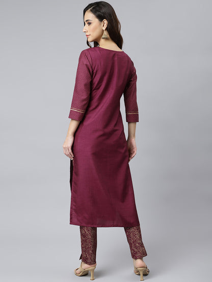 Wine Poly Silk Solid Kurta with Pant