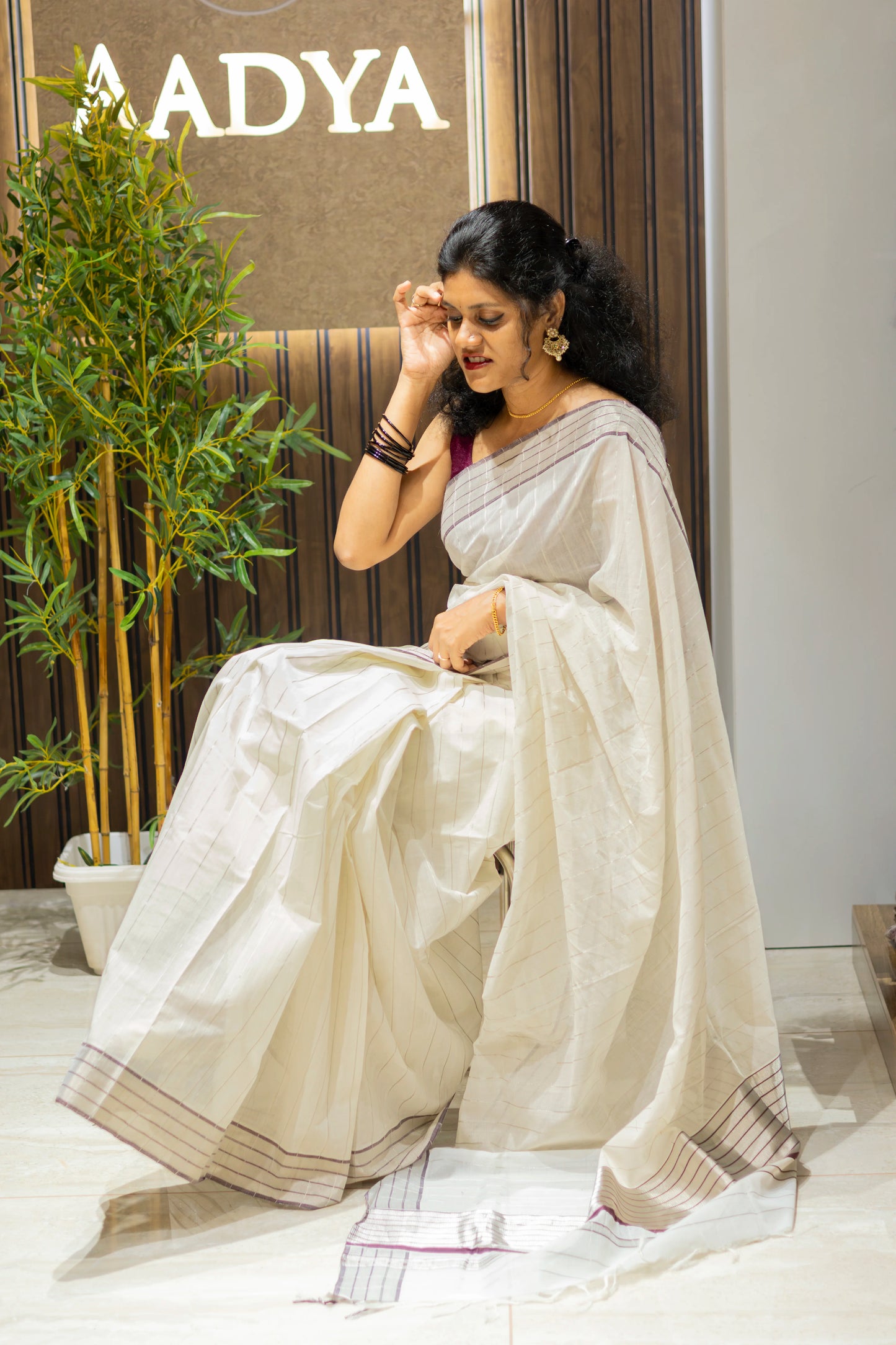 Silver Stripes with Maroon Boarder Saree