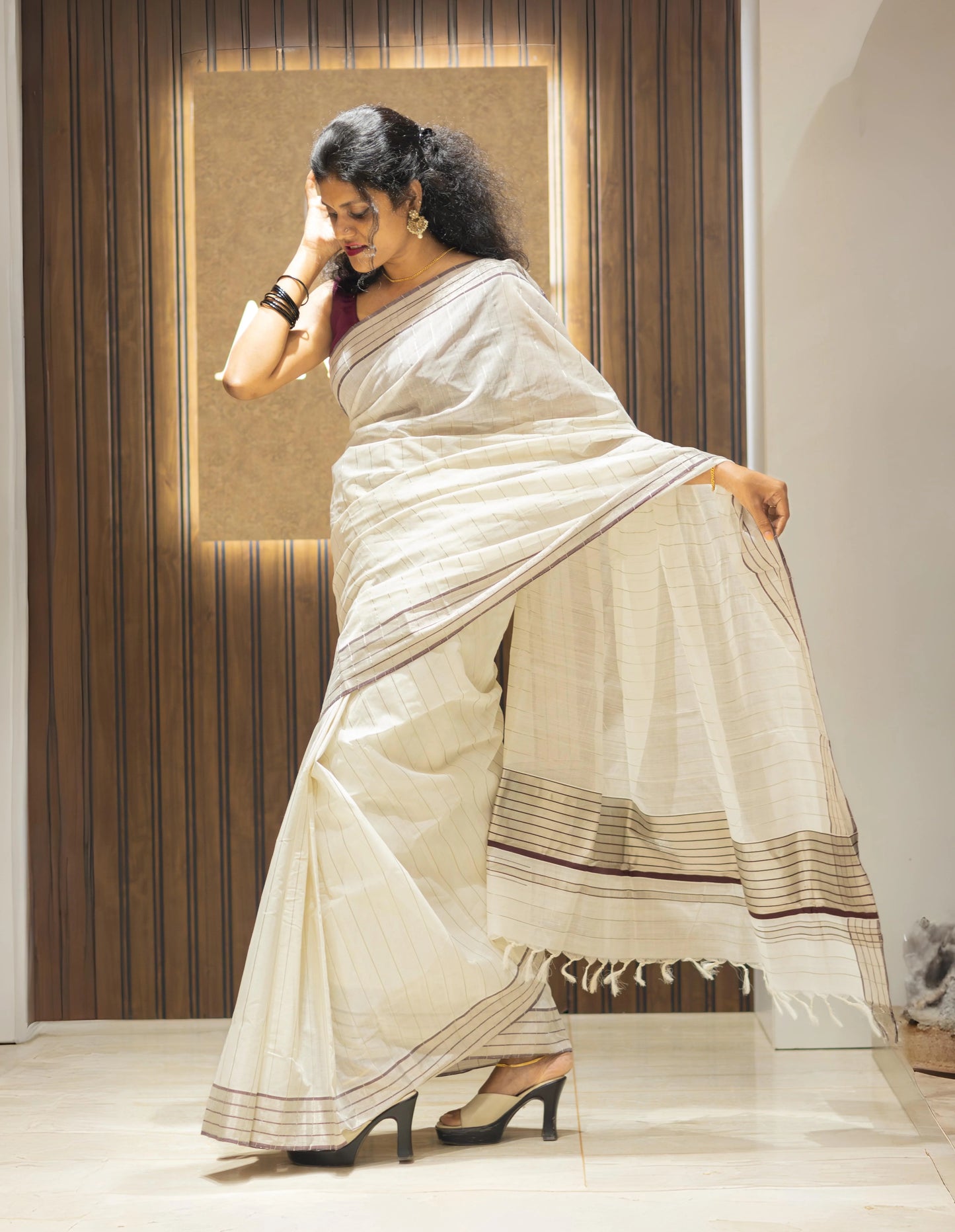 Silver Stripes with Maroon Boarder Saree