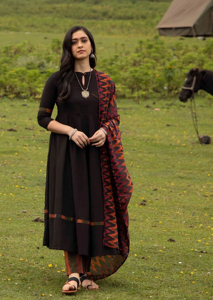 Black Chevrons Print Anarkali Palazzo With Dupatta