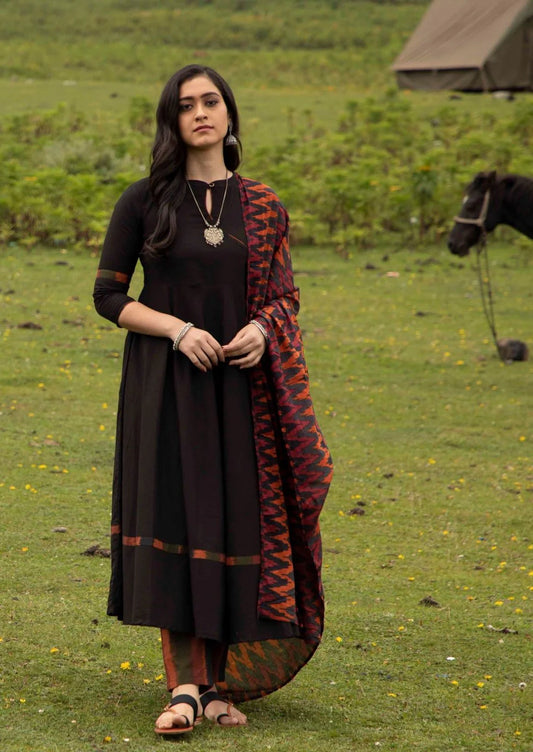 Black Cotton Round Collar Neck Anarkali with Ikat Printed Bottom & Dupatta Set