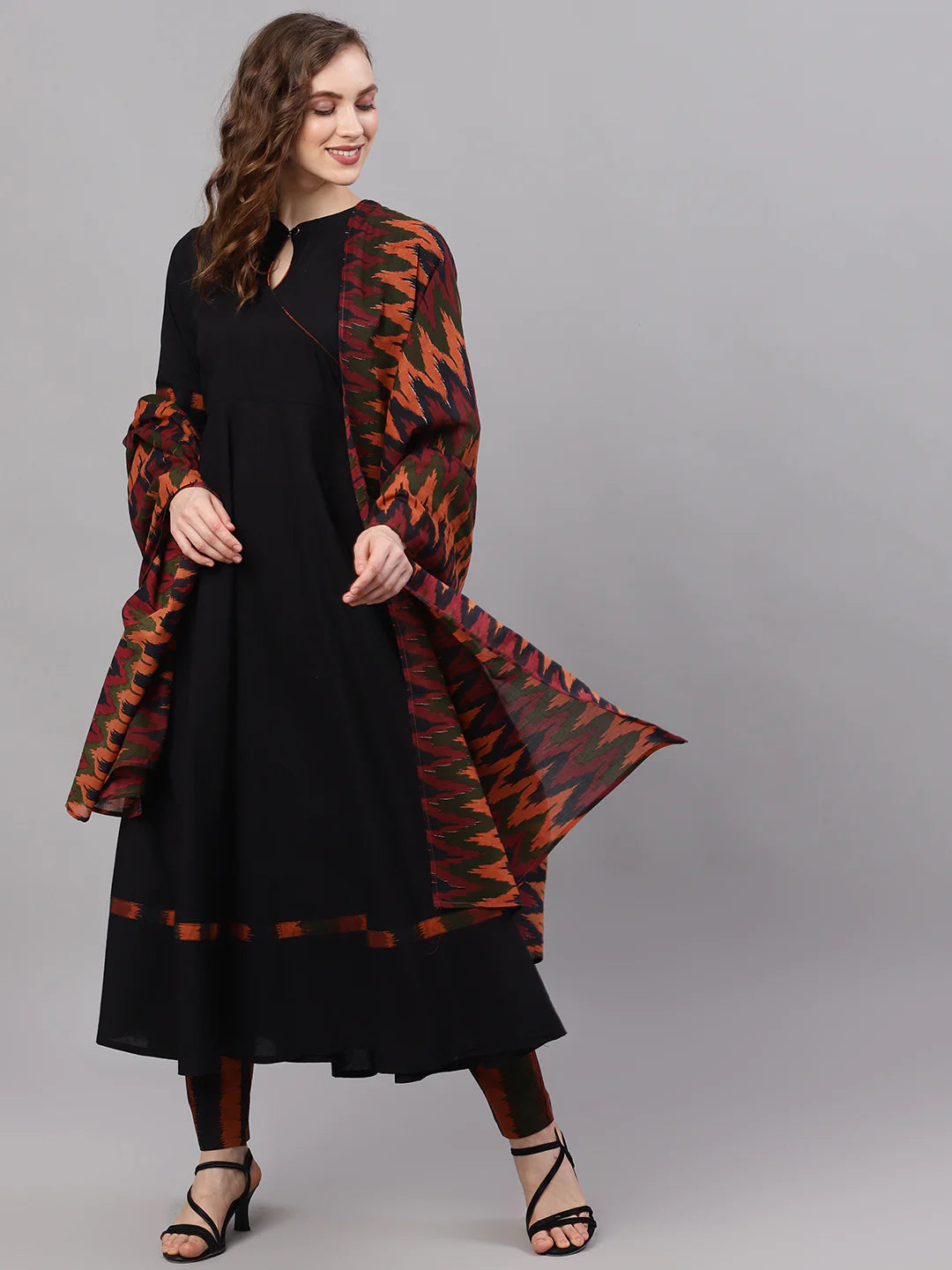 Black Chevrons Print Anarkali Palazzo With Dupatta