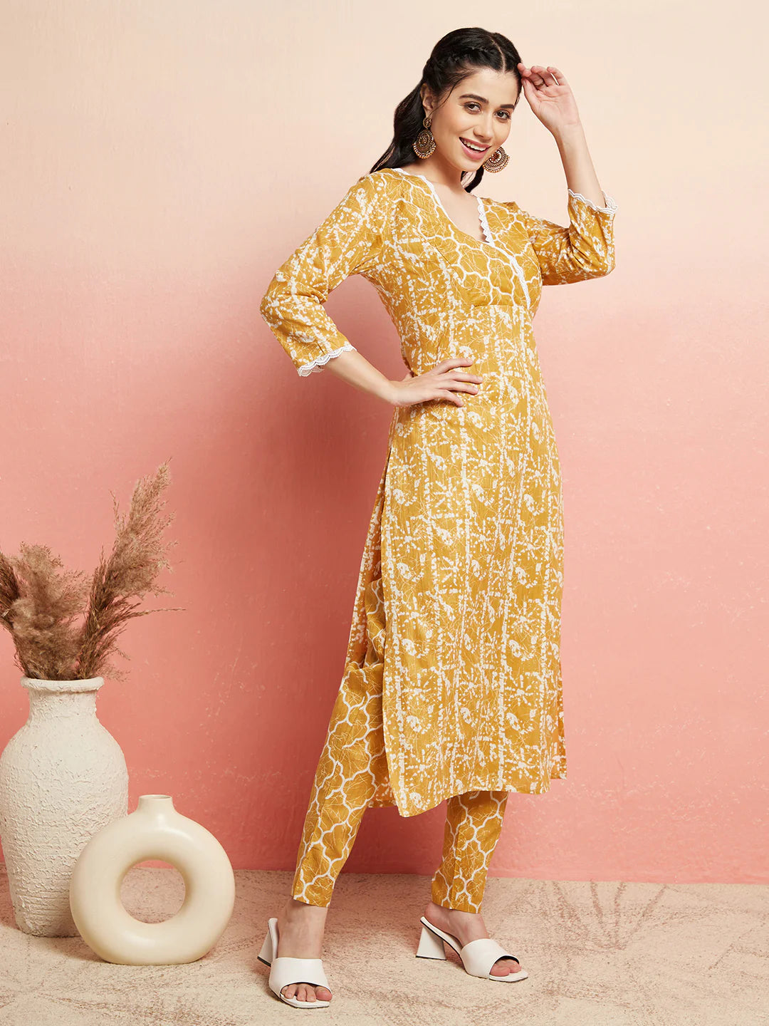 Mustard Printed Lurex Kurta With Pant