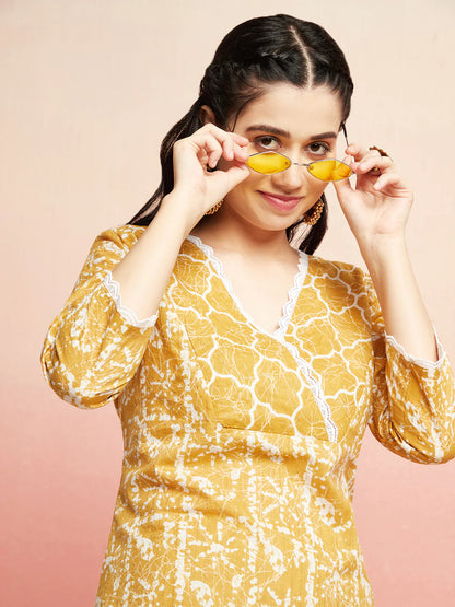 Mustard Printed Lurex Kurta With Pant