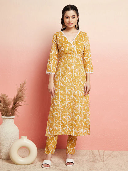 Mustard Printed Lurex Kurta With Pant