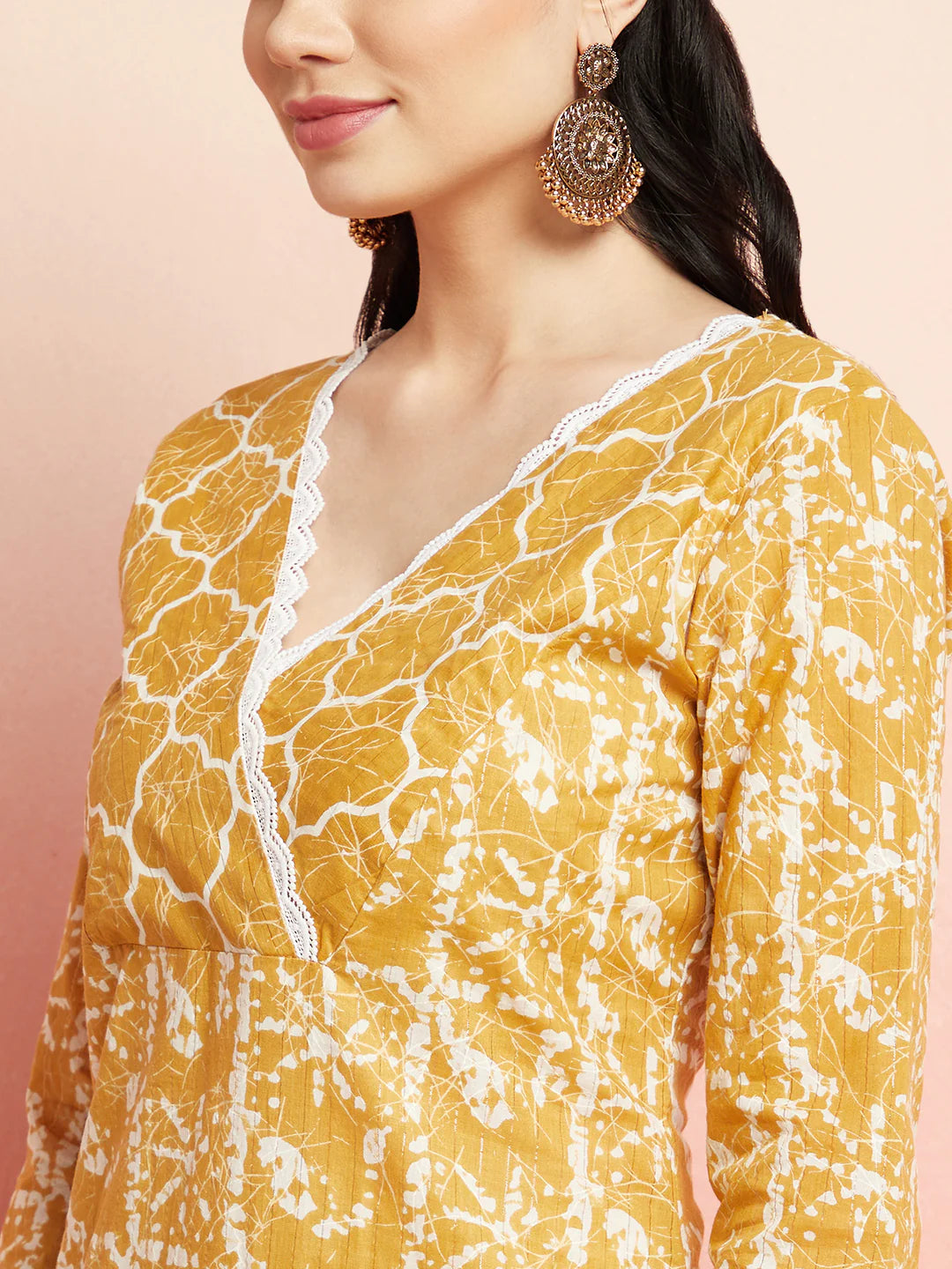 Mustard Printed Lurex Kurta With Pant