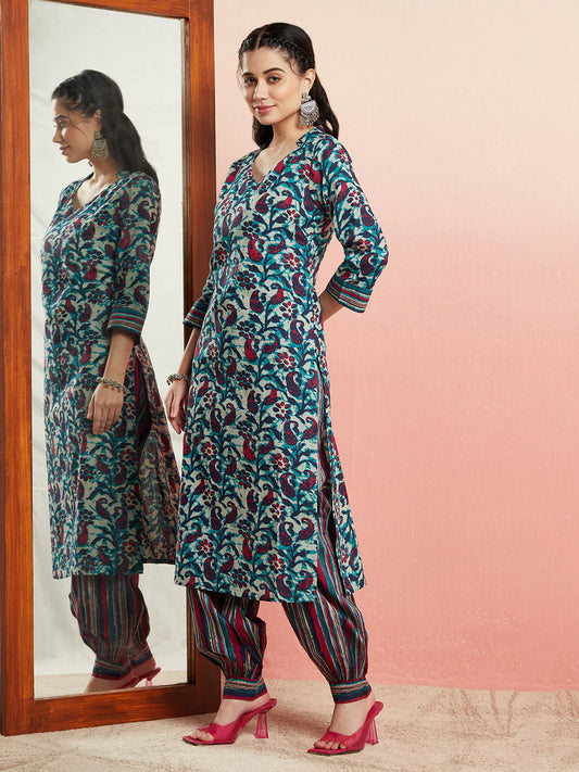 Blue Floral Print Kurta With Striped Balloon Palazzo