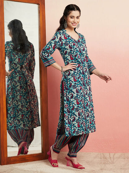 Blue Floral Print Kurta With Striped Balloon Palazzo