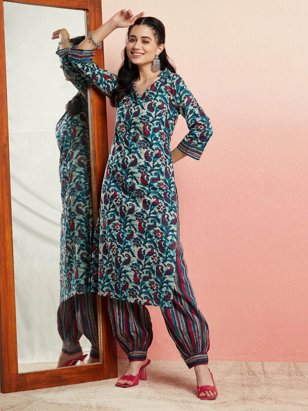 Blue Floral Print Kurta With Striped Balloon Palazzo