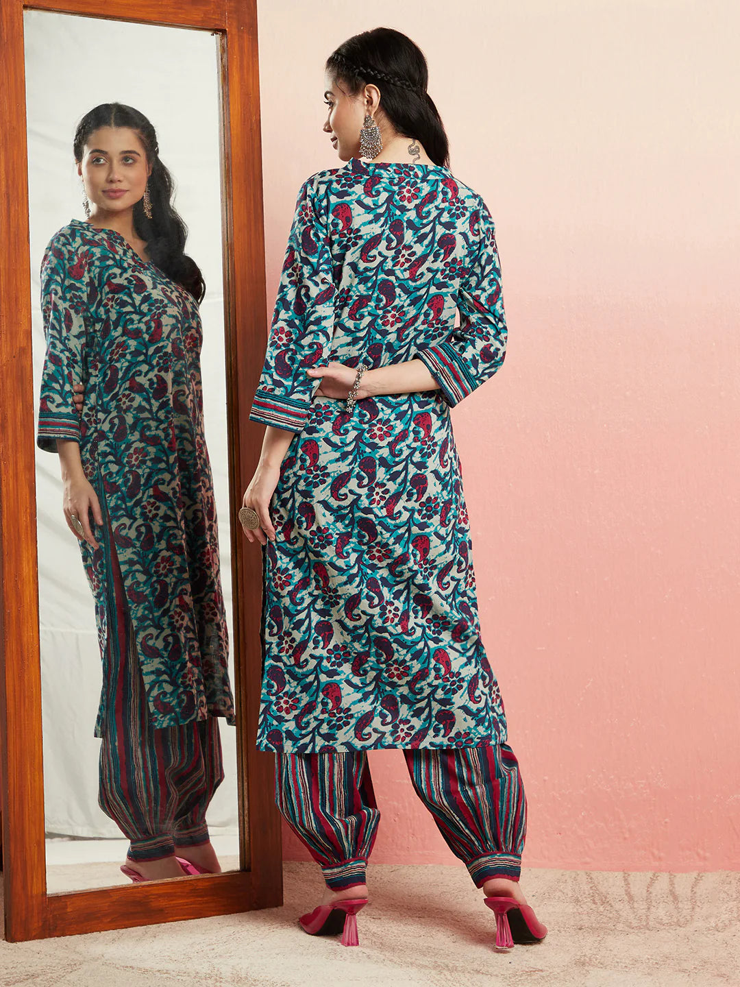 Blue Floral Print Kurta With Striped Balloon Palazzo