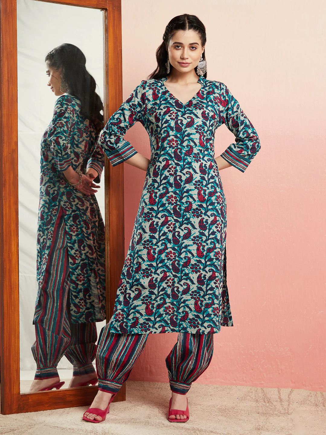 Blue Floral Print Kurta With Striped Balloon Palazzo