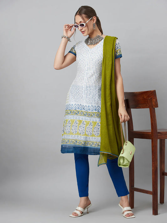 White Printed Kurta Pant With Dupatta