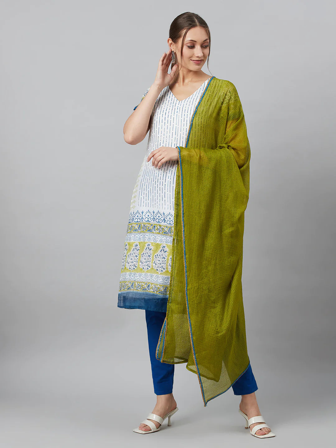 White Printed Kurta Pant With Dupatta