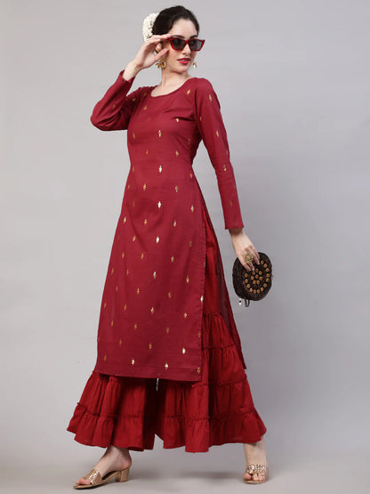 Maroon Cotton Dobby Designed Straight Cut Kurti