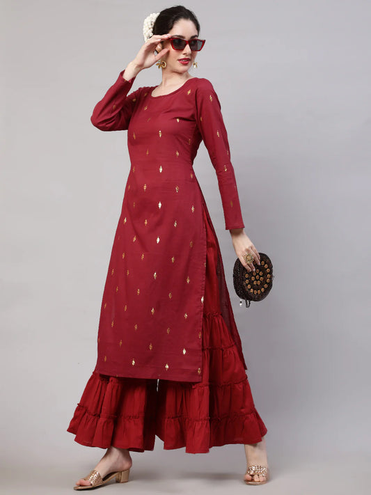 Maroon Cotton Dobby Designed Straight Cut Kurti