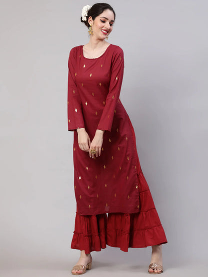 Maroon Cotton Dobby Designed Straight Cut Kurti