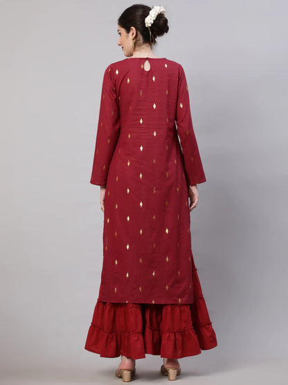 Maroon Cotton Dobby Designed Straight Cut Kurti