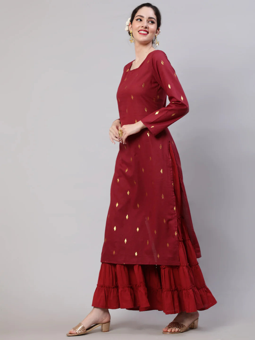 Maroon Cotton Dobby Designed Straight Cut Kurti