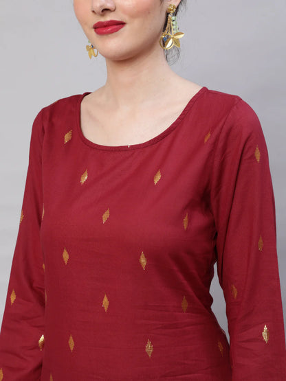 Maroon Cotton Dobby Designed Straight Cut Kurti