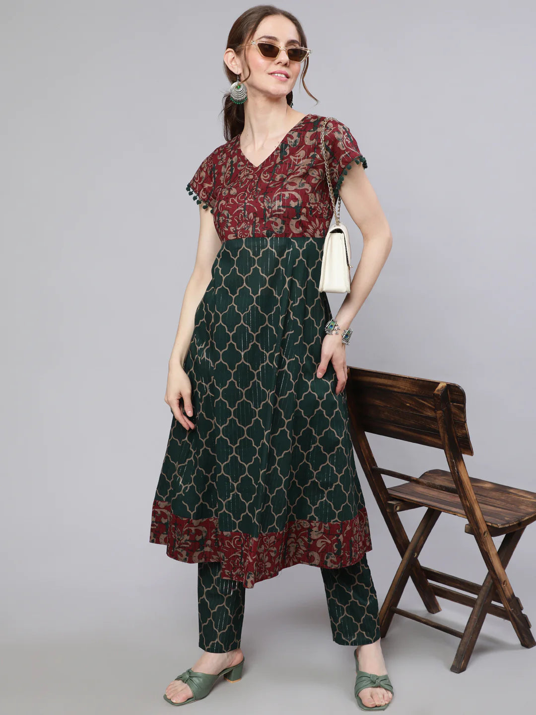 Green Printed Lurex Design Anarkali