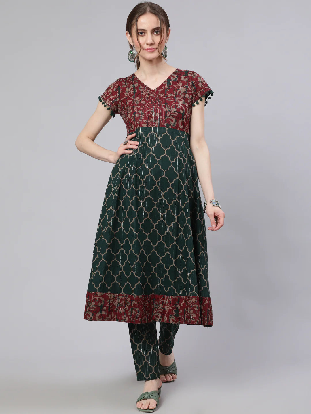 Green Printed Lurex Design Anarkali