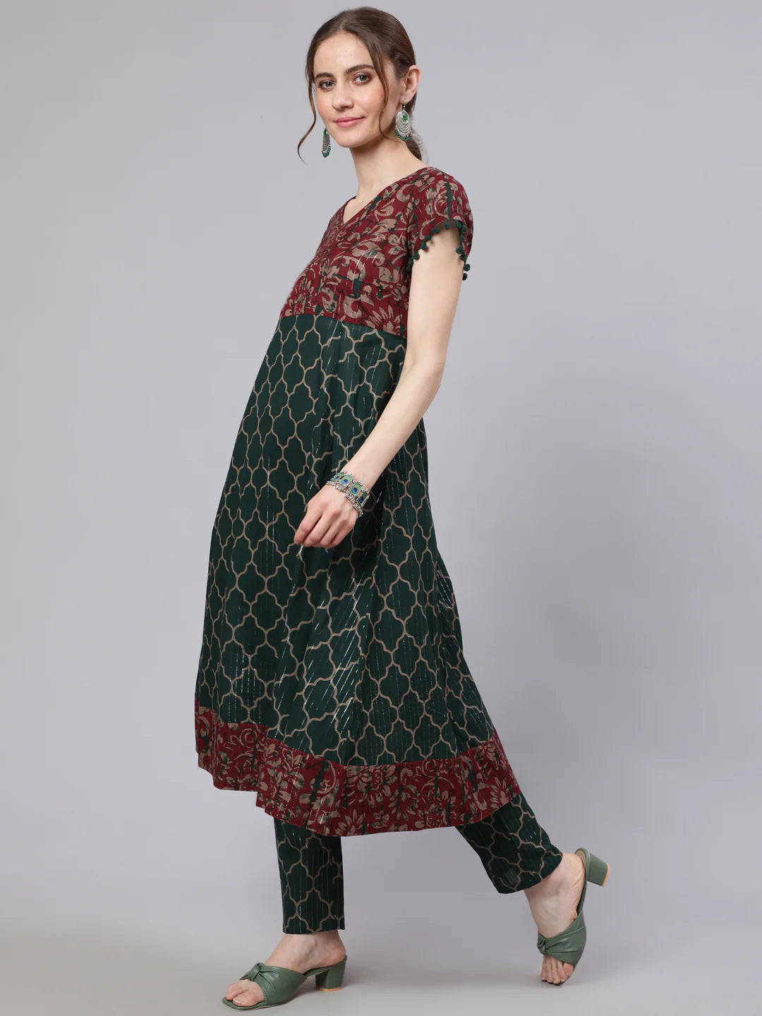 Green Printed Lurex Design Anarkali