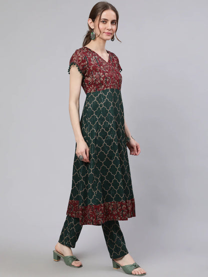 Green Printed Lurex Design Anarkali