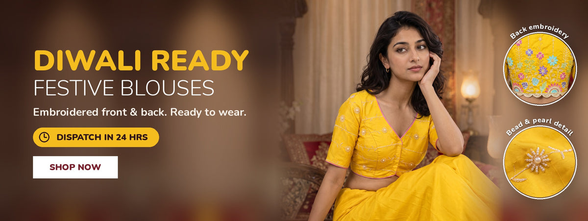 AADYA Diwali ready festive blouses – embroidered front and back, dispatch in 24 hours