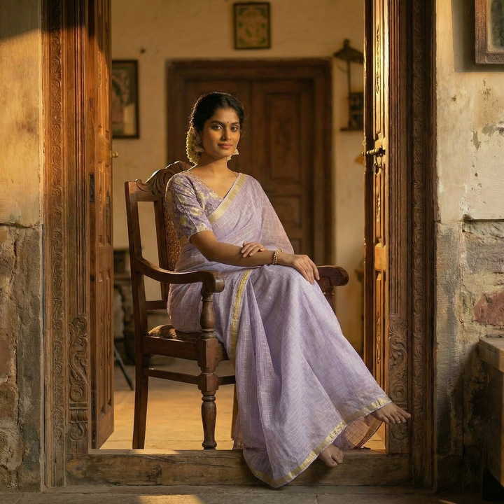 Lavender Pure Mul Cotton Saree with Gold Zari Border